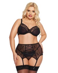 schwarzes Dessous-Set aus Netz-Stoff und Spitze mit gekreuzten Bändchen - vergleichen und günstig kaufen